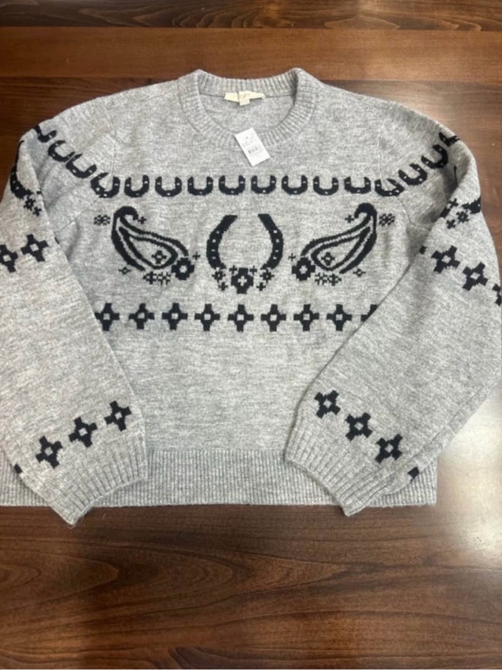 LOFT Gray Crewneck Sweater with Black Paisley Motif